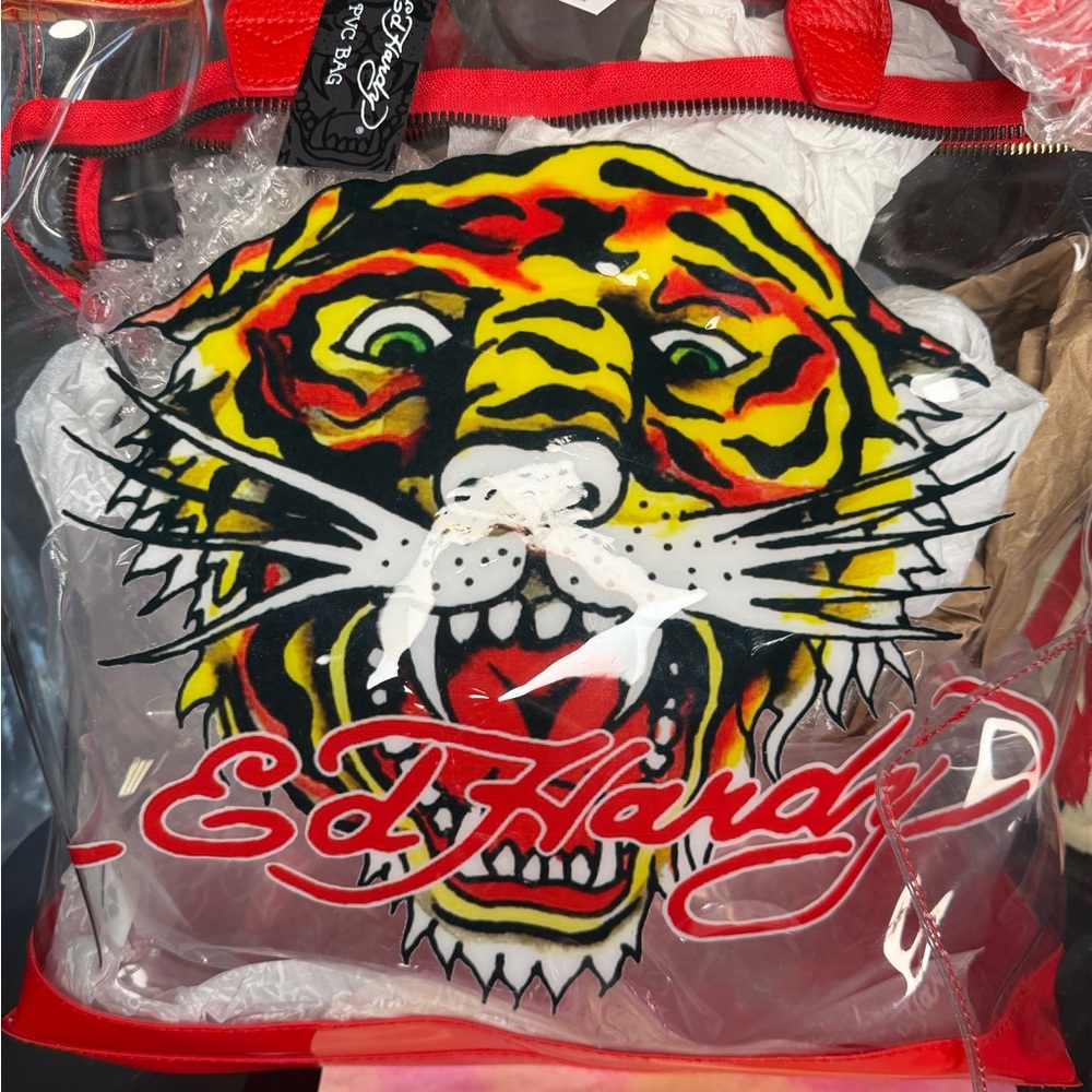 Ed Hardy Clear Tote Classic Vibrant Tiger Motif in Red, Yellow, Black